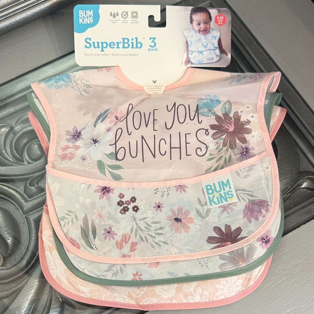Bumkins Floral SuperBib 3-Pack Pink Green Love You Bunches